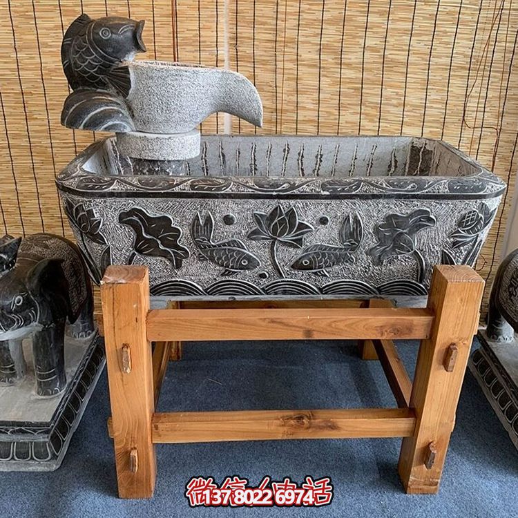 青石仿古长方形庭院荷花流水鱼缸博鱼平台