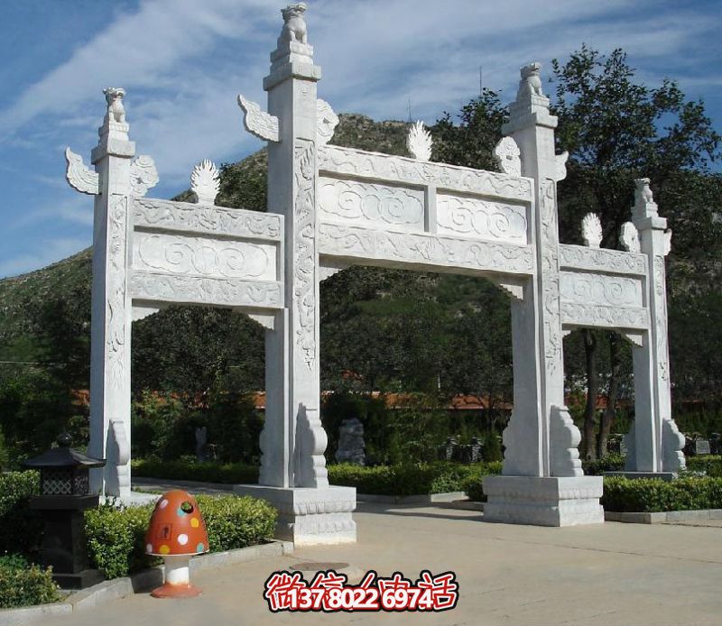精致园林景观,汉白玉华表浮雕祥云门楼石牌坊 精致园林景观,汉白玉华表浮雕祥云门楼石牌坊