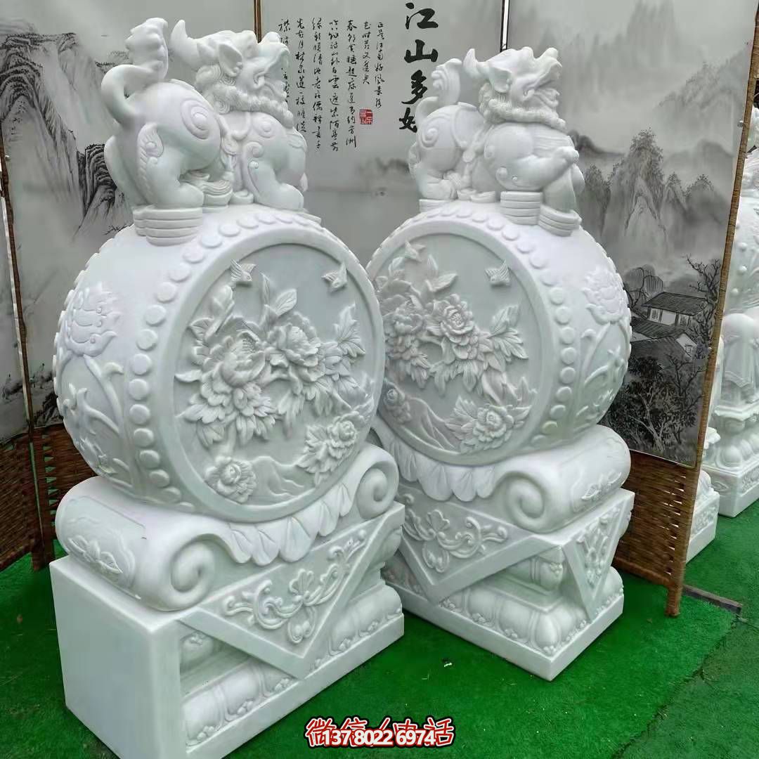 天然优质汉白玉浮雕麒麟抱鼓石，装点你的庭院门口