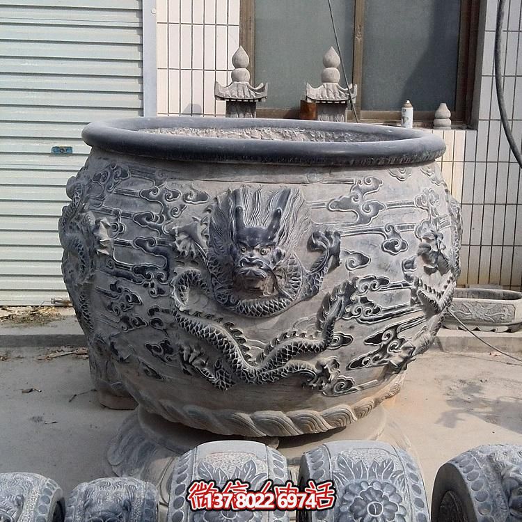 石雕仿古旧圆形装饰缸，精美外观，多功能应用