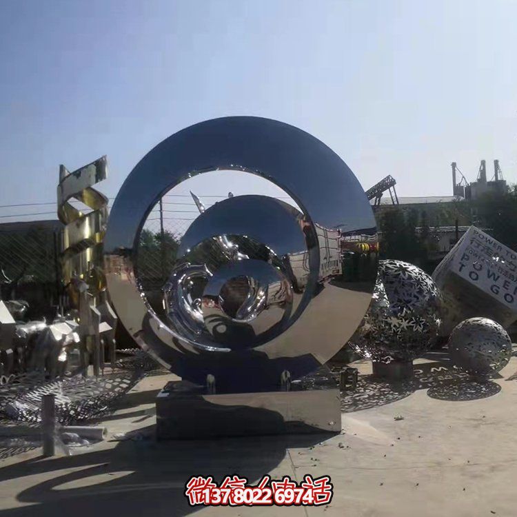 不锈钢抽象几何博鱼平台，镜面圆环装饰广场、园林