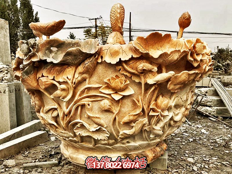 晚霞红莲花石雕鱼缸博鱼平台