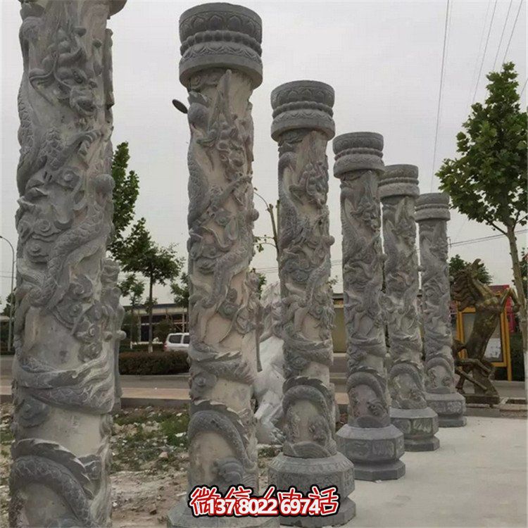 天然大理石浮雕龙盘柱，装饰园林广场的精美摆件