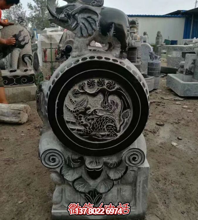 青石仿古建筑浮雕大象石门鼓园林景观博鱼平台