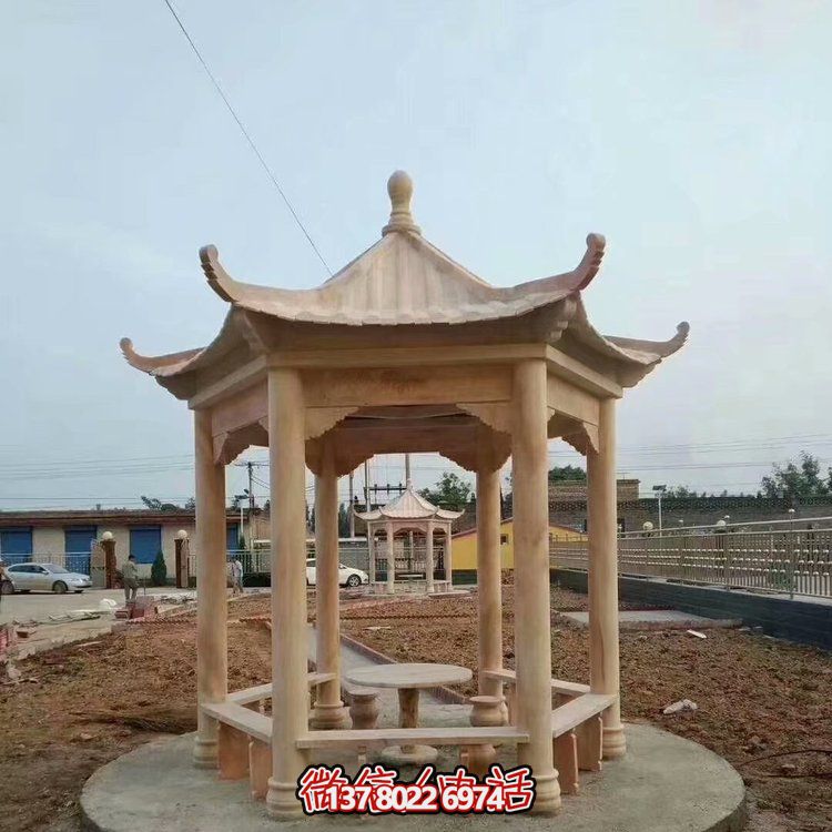 中式天然石材凉亭，晚霞红休息下棋
