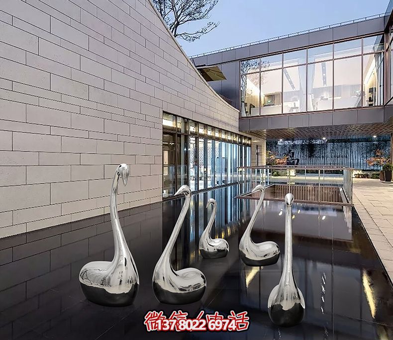 不锈钢创意天鹅博鱼平台，镜面水中装饰别墅