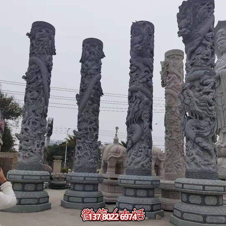 青石浮雕龙柱，精美石雕园林景观装饰