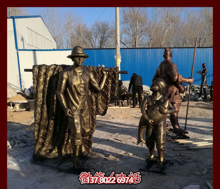 高品质玻璃钢仿铜博鱼平台，点缀景区园林，助力捕鱼父子回家，欣赏小品