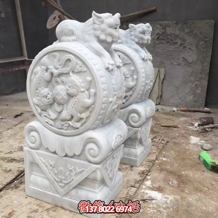 精美大理石石雕抱鼓博鱼平台，装点别墅庭院门口