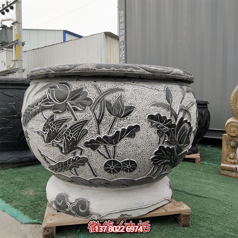 青石仿古石雕园林庭院浮雕莲花缸博鱼平台