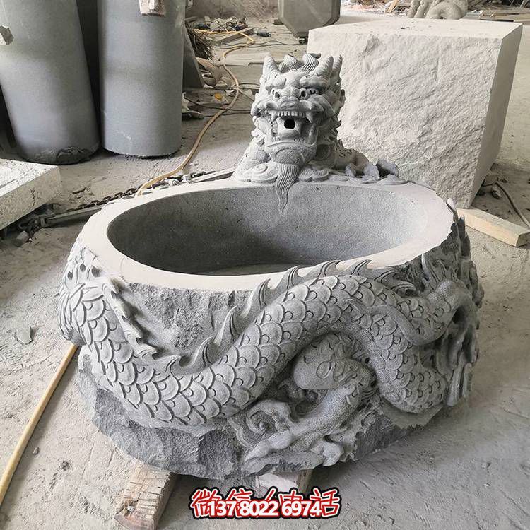 仿古石缸水缸青石龙形浮雕博鱼平台，为您的庭院增添一抹古朴