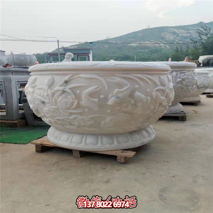 古典经典，汉白玉鲤鱼雕刻圆形水缸