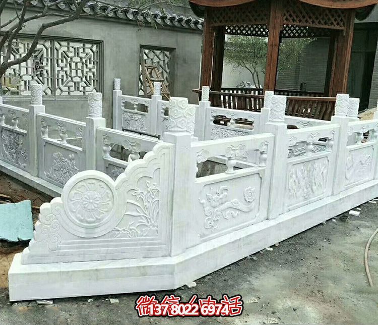 唯美古典庭院，池塘装饰博鱼平台，汉白玉栏杆