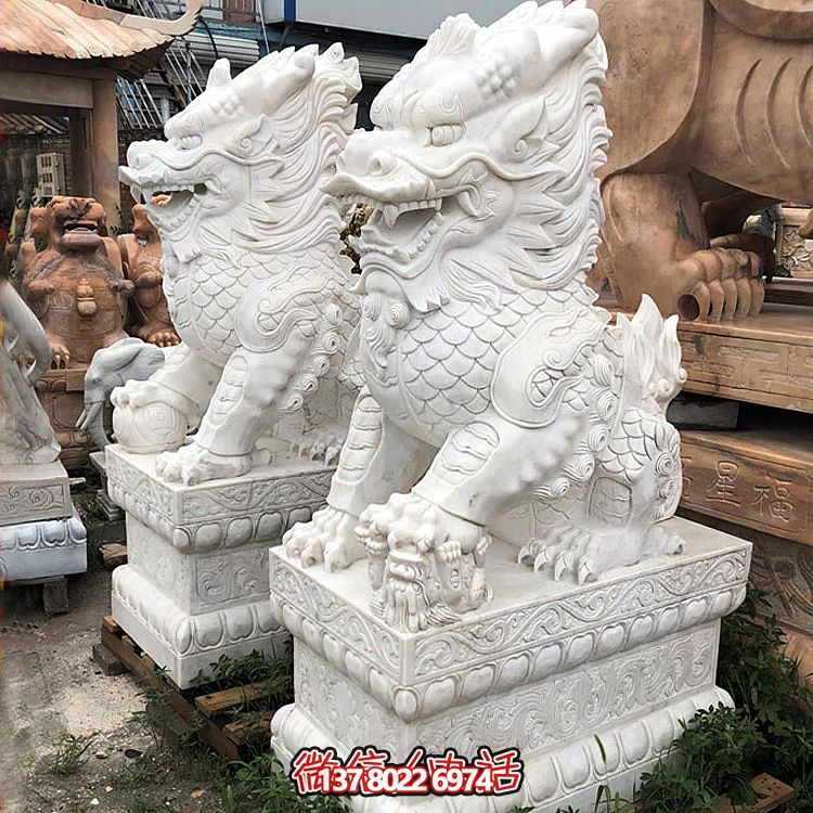 大型汉白玉石雕麒麟博鱼平台，为您的庭院门口增添独特景观