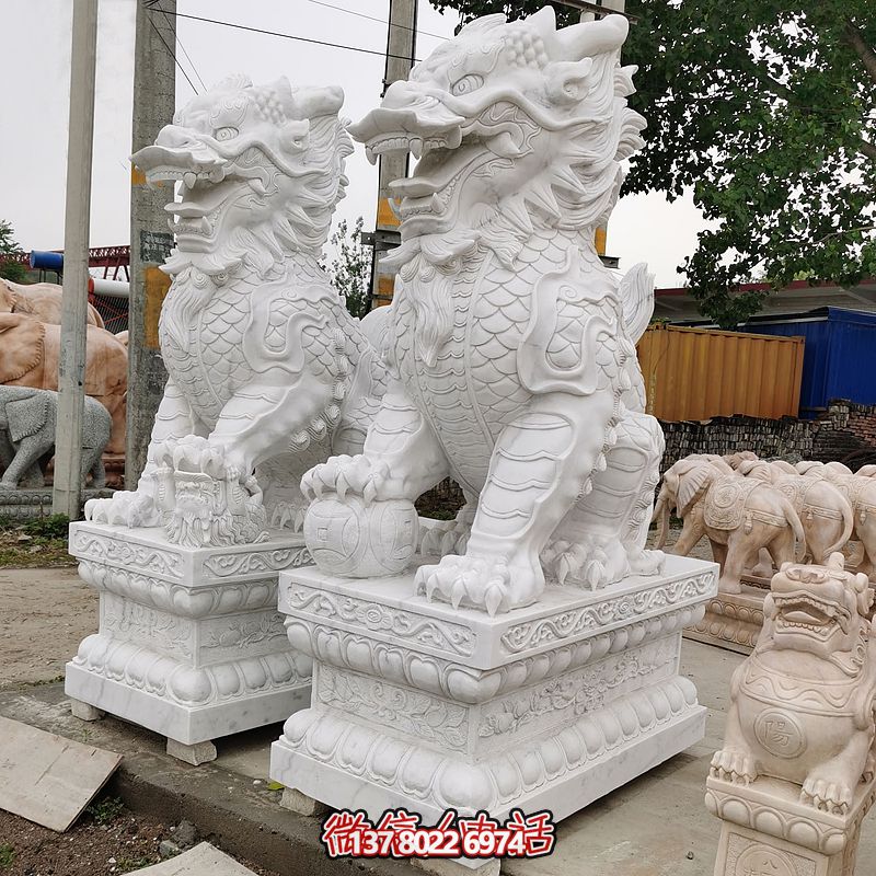 古典汉白玉大型麒麟景观博鱼平台，点缀庭院、别墅神秘气息