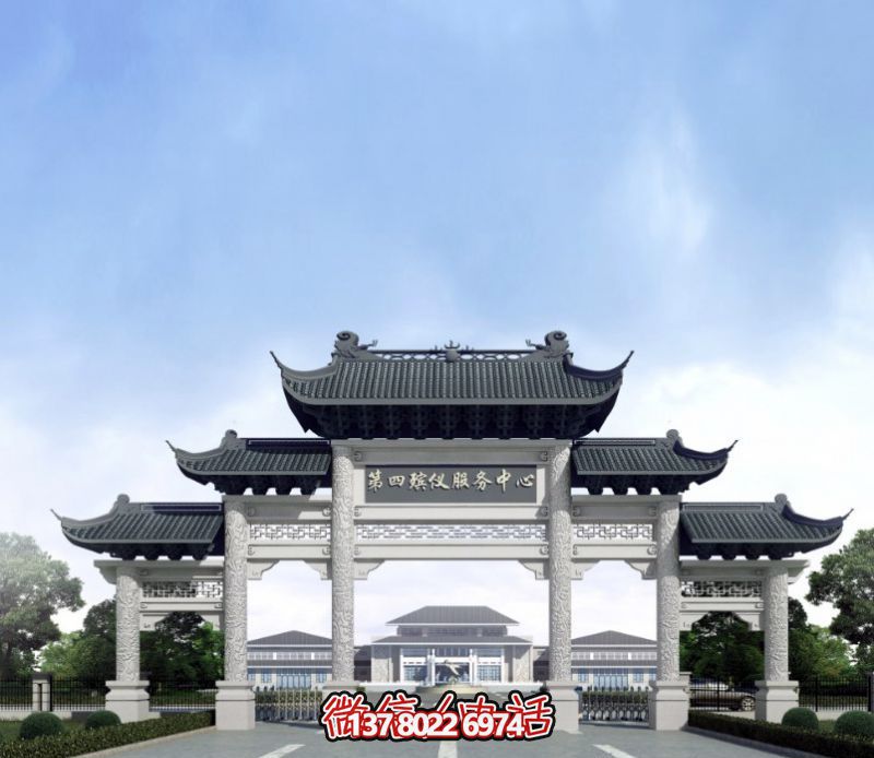 一座新式殡仪馆五门景观、青瓦斗拱、牌楼等高雅装饰