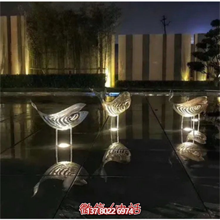酒店喷泉摆放不锈钢抽象鱼群水景博鱼平台