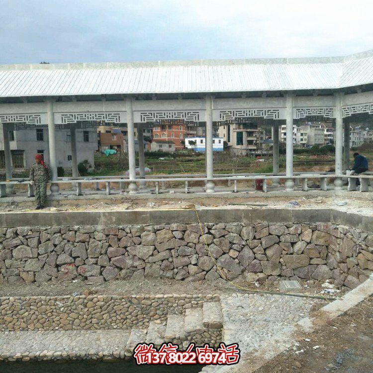 石雕中式长廊凉亭村庄池塘边装饰石头凉亭景观博鱼平台