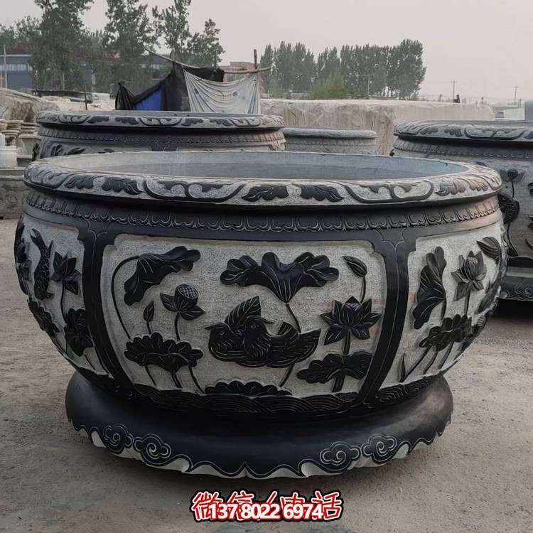 石雕鱼缸花盆仿古青石圆缸招财养鱼庭院户外流水缸博鱼平台