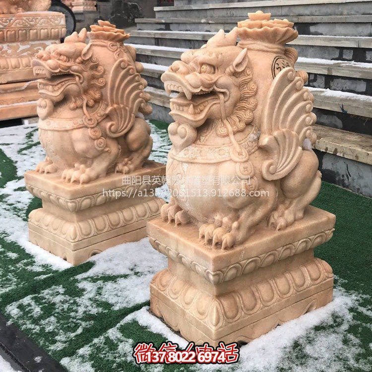 晚霞红石雕门墩抱鼓石门口庭院貔貅博鱼平台