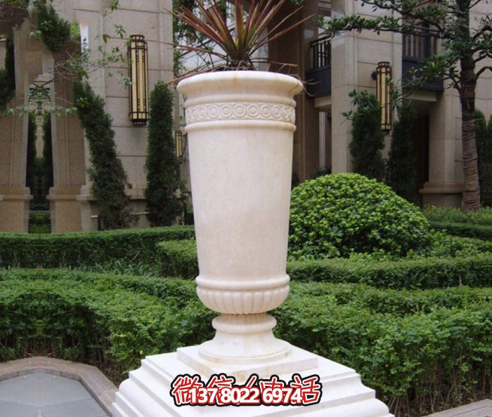 公园汉白玉石雕圆形花盆博鱼平台