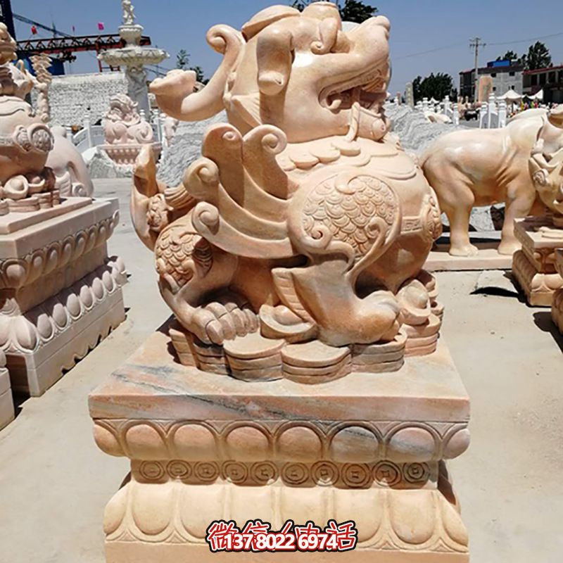 户外园林大型仿真晚霞红石雕麒麟博鱼平台