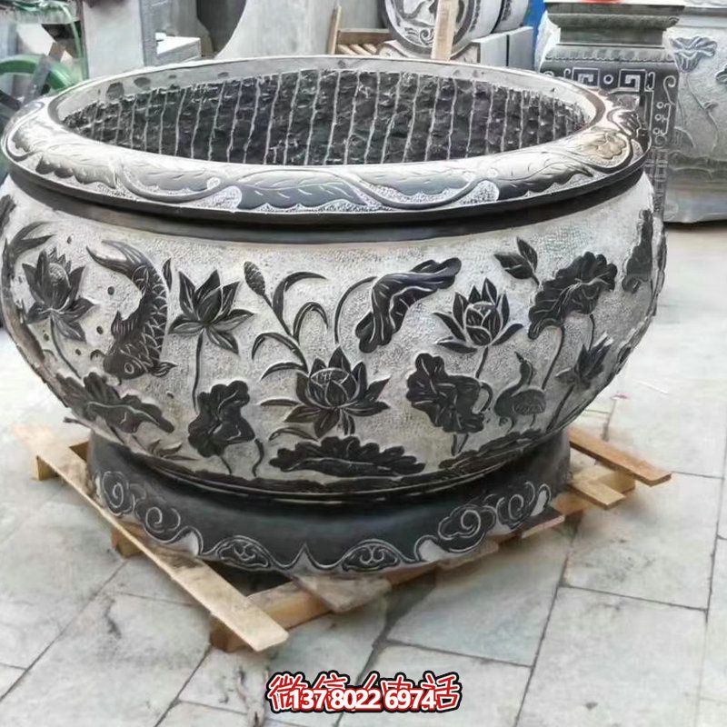青石石雕浮雕莲花鲤鱼庭院摆件花盆博鱼平台