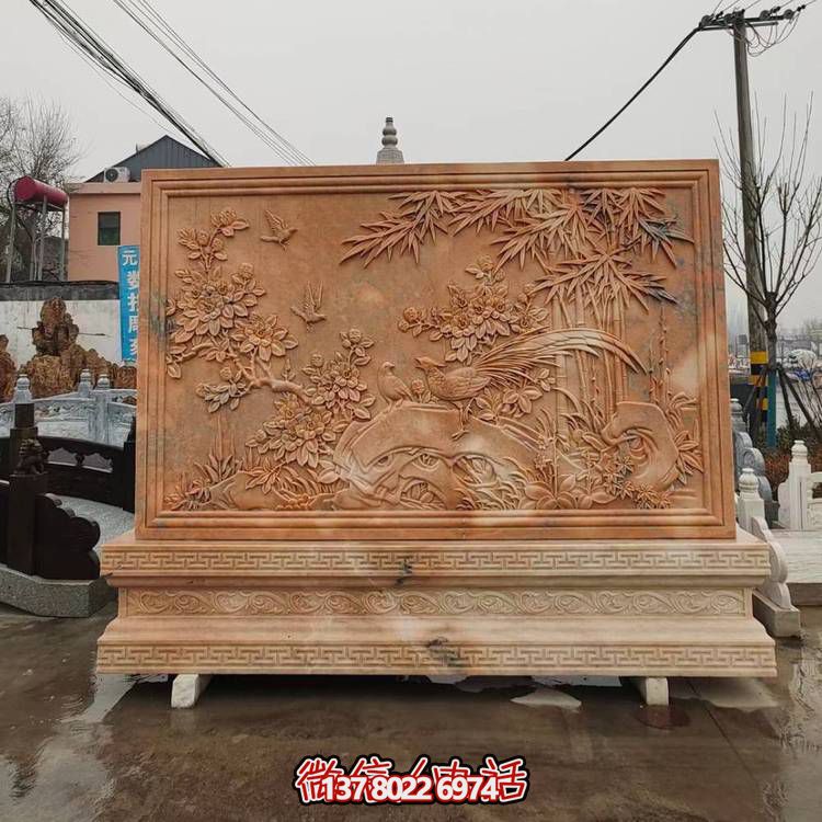 浮雕晚霞红大理石石雕景观屏风博鱼平台摆件