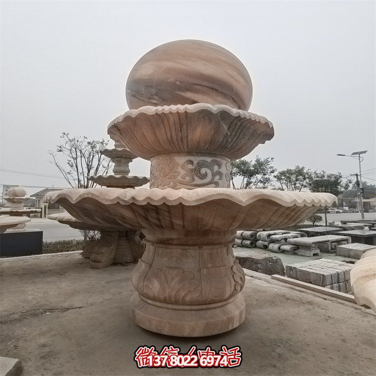 晚霞红石雕户外大型风水喷泉博鱼平台