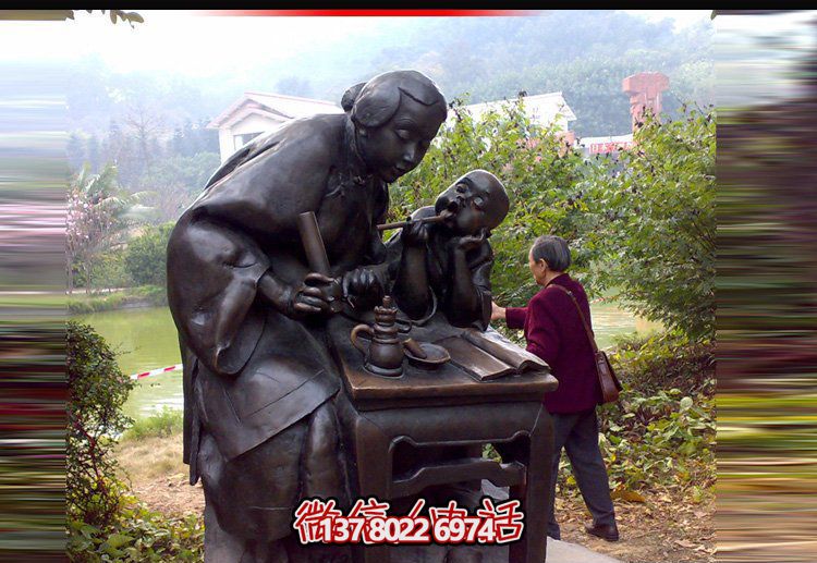 公园铜雕老奶奶喝茶的人物景观茶博鱼平台