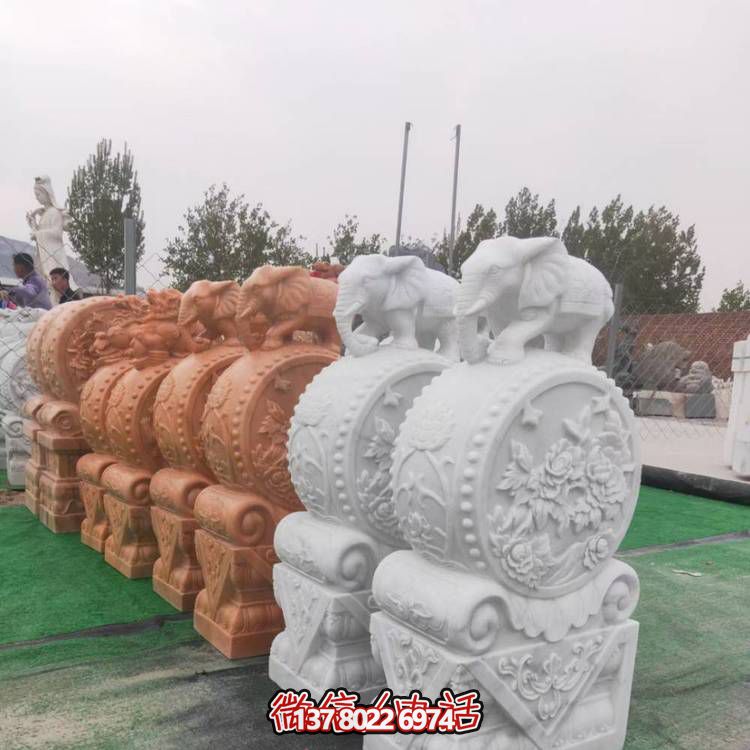 企业大门摆放大理石雕刻小象抱鼓石博鱼平台