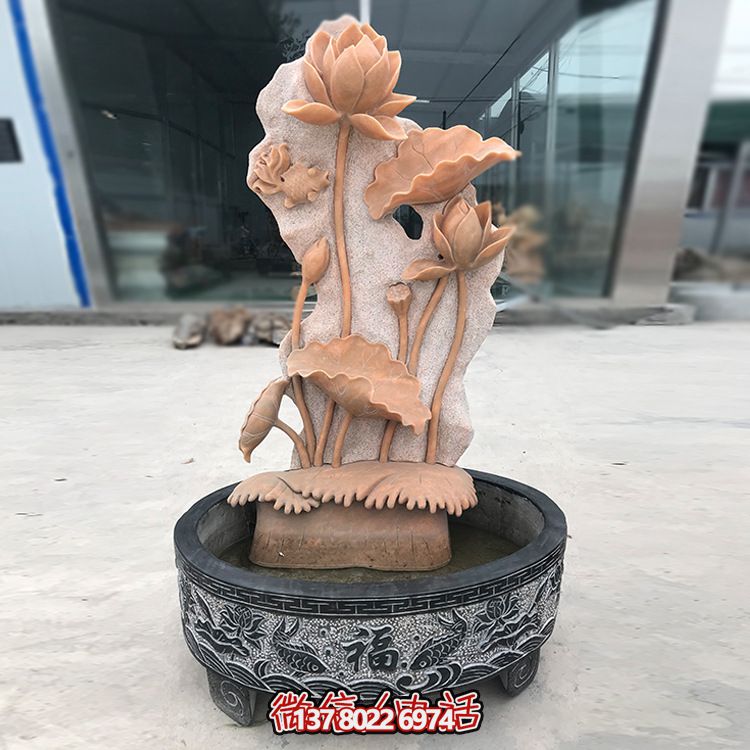 庭院创意晚霞红石雕户外园林摆件缸博鱼平台 庭院创意晚霞红石雕户外园林摆件缸博鱼平台