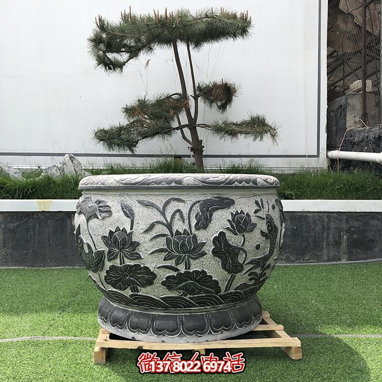 园林大理石石雕浮雕莲花水缸博鱼平台