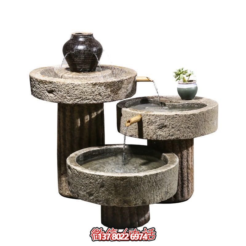 别墅庭院摆放老石槽组合鱼缸石头户外石磨青石景观流水摆件