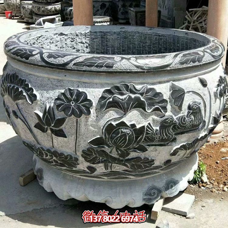 庭院大型青石仿古圆形鱼缸石雕荷花缸博鱼平台