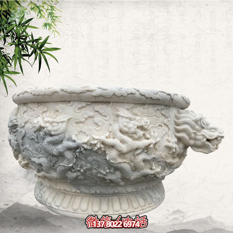 汉白玉摆件石雕浮雕龙缸博鱼平台