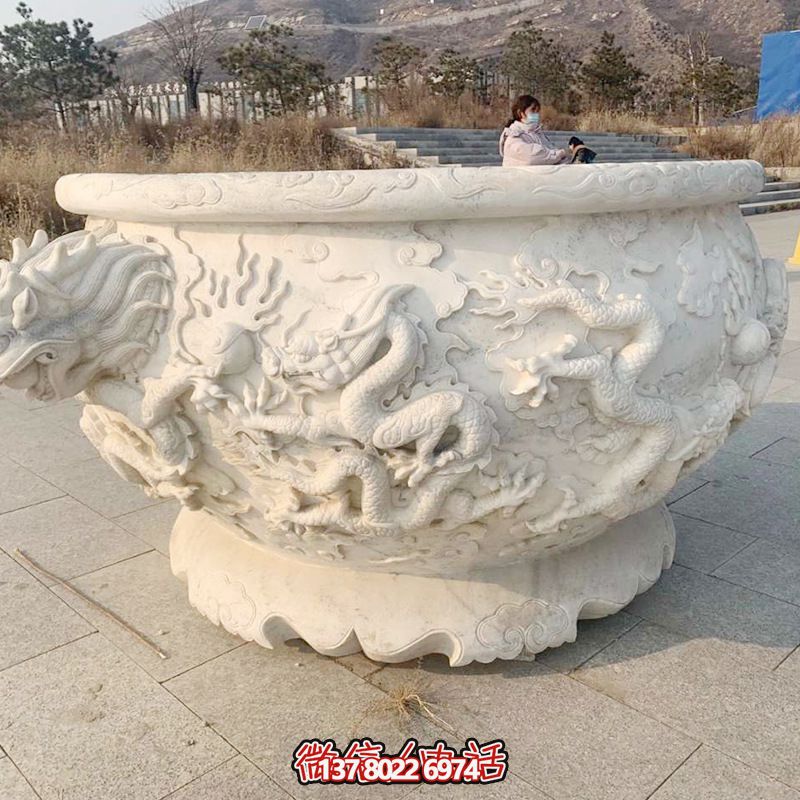 户外庭院汉白玉石雕龙浮雕缸博鱼平台