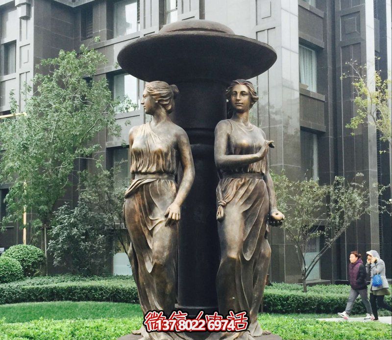 景区街道创意铜雕站在凉亭下的女人博鱼平台