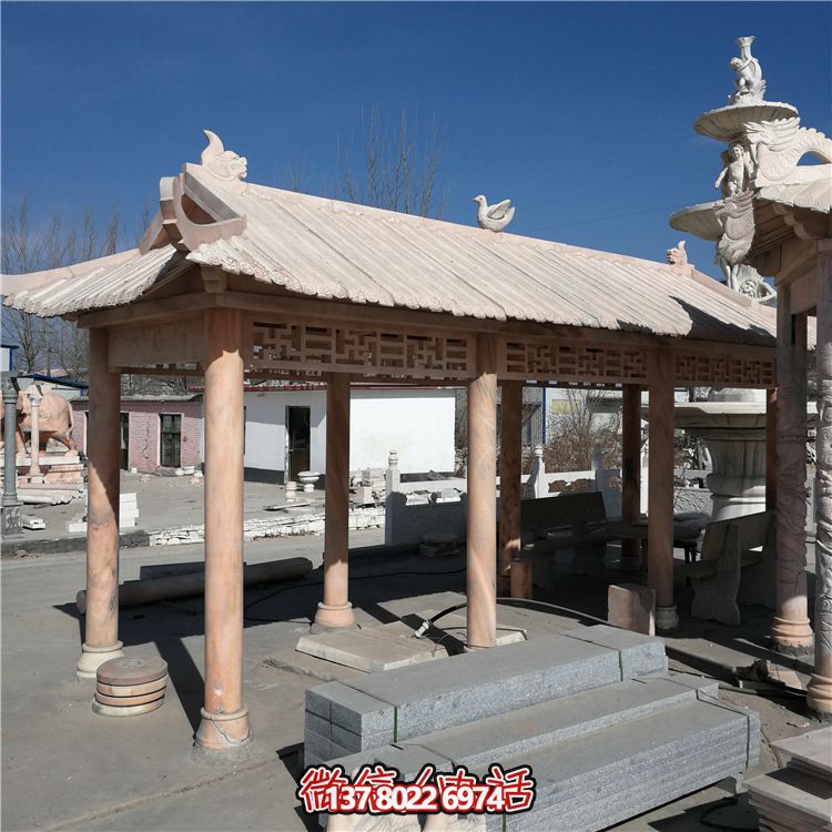 小区广场长廊晚霞红石雕休息凉亭