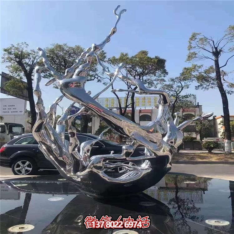 大型景观摆件镜面不锈钢抽象发光镂空博鱼平台