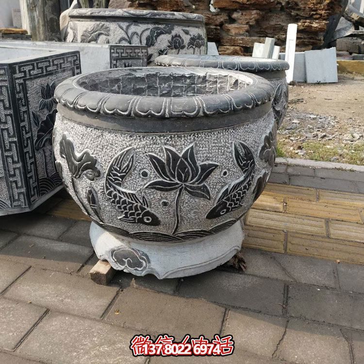 别墅庭院仿古鱼缸青石做旧圆鱼缸摆件青石花盆博鱼平台