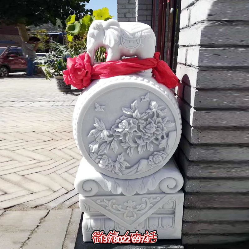 别墅庭院汉白玉石雕小象门墩