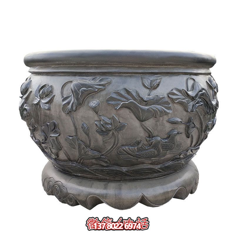 仿古水缸浮雕荷花庭院水池缸石头圆缸室外石水槽