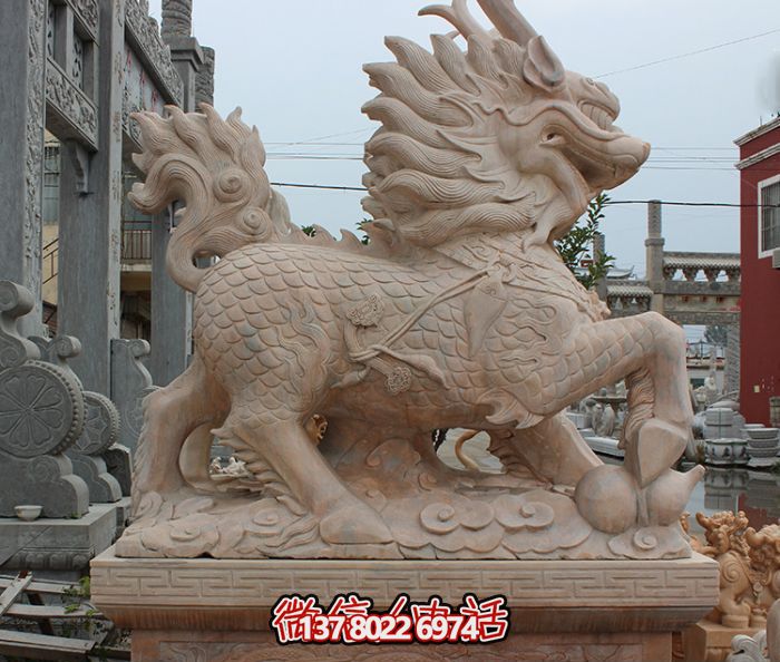 广场酒店大型户外景观晚霞红石雕麒麟博鱼平台