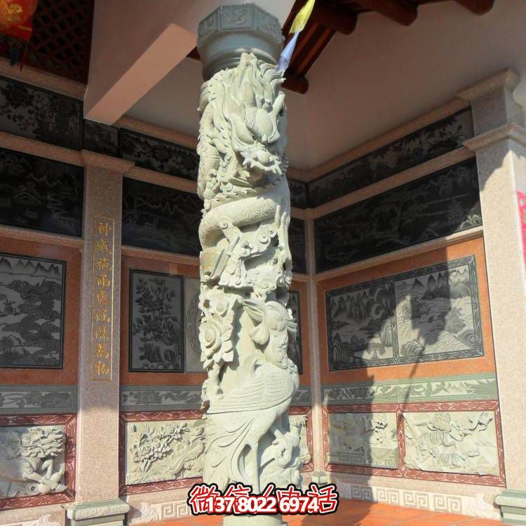 石雕缠龙柱景观文化石柱花岗岩盘龙柱雕刻寺庙龙柱博鱼平台