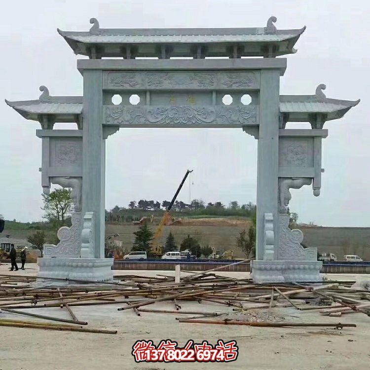 新中式古典青石雕刻单门牌楼牌坊博鱼平台景区园林摆件