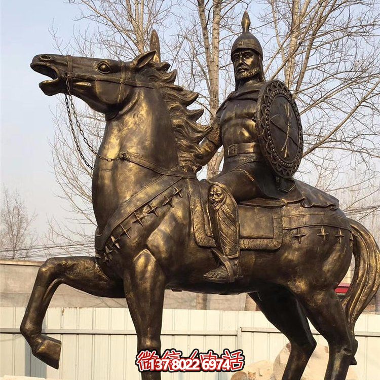 西方古代的骑马士兵铜雕，手持盾牌骑马身上的西方战士