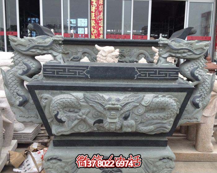 仿古青石双龙方形平口寺庙香炉摆件