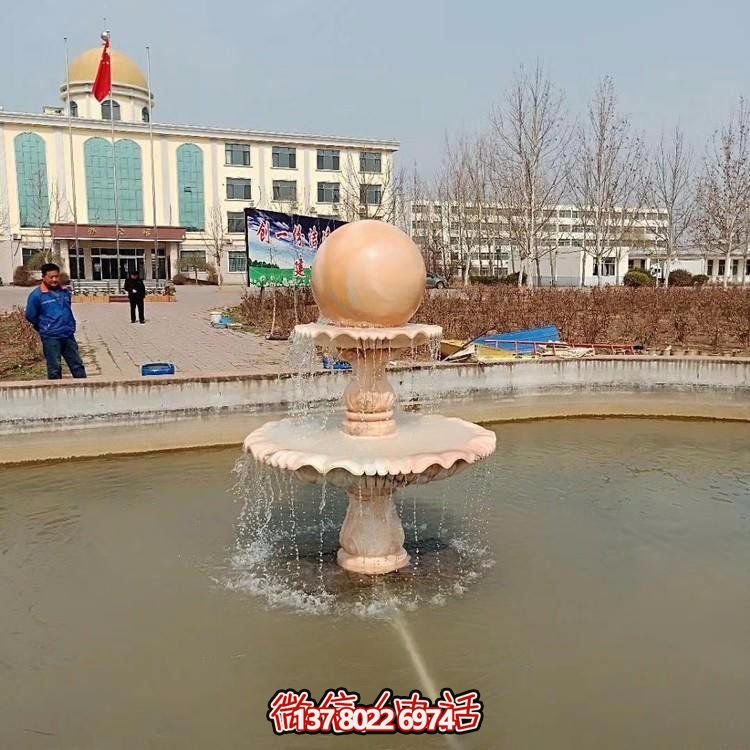 庭院水池装饰晚霞红雕刻二层流水风水球博鱼平台
