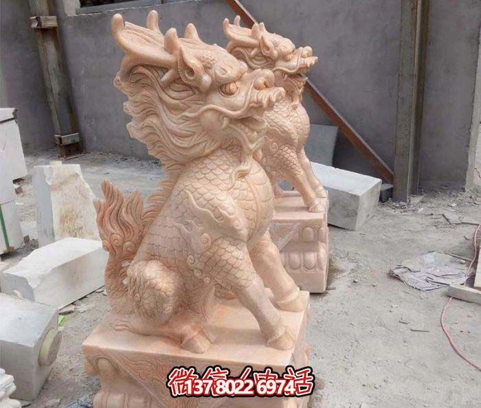 晚霞红石雕庭院别墅景观装饰品麒麟博鱼平台